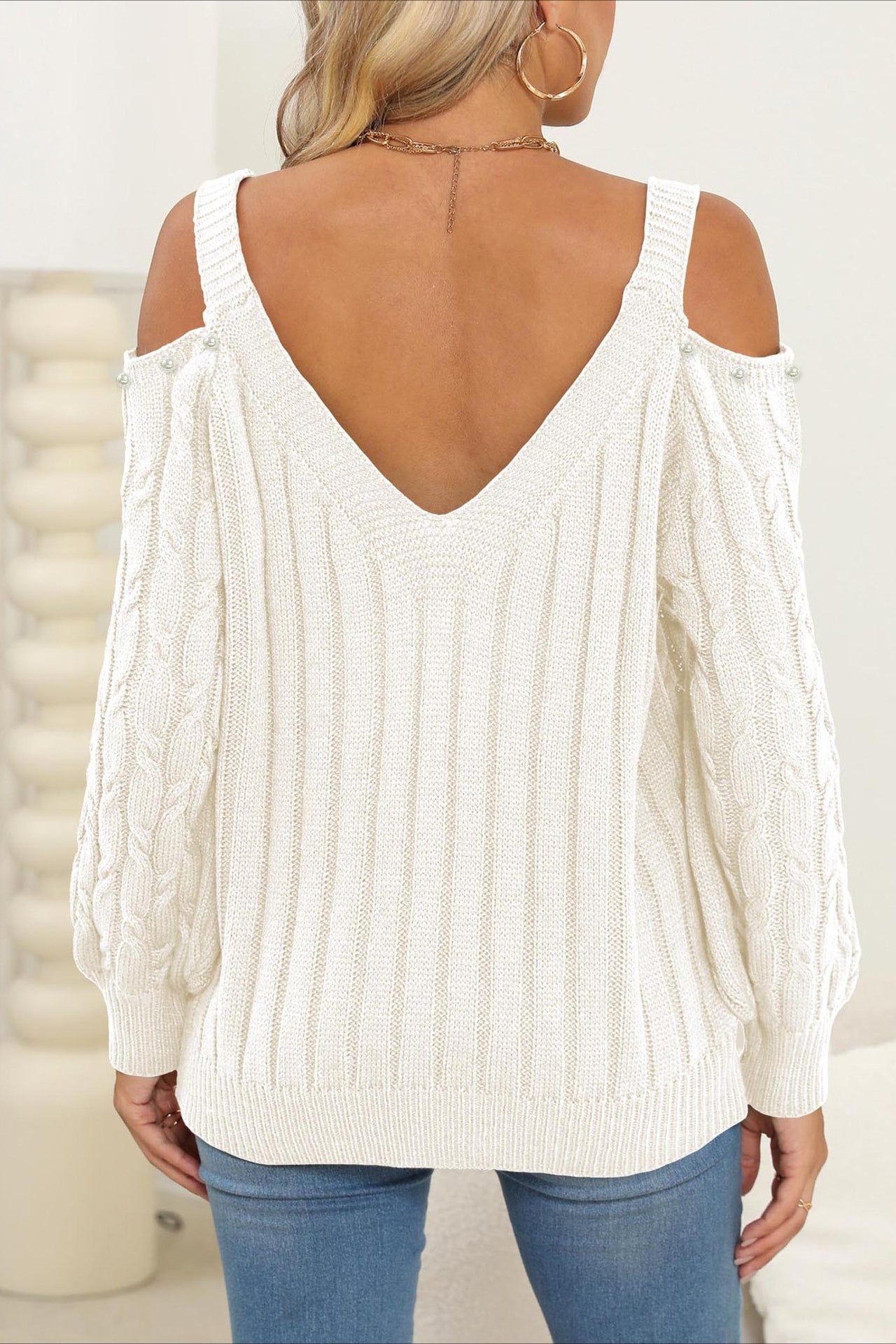 Deep V Off-Shoulder Loose Pullover Sweater