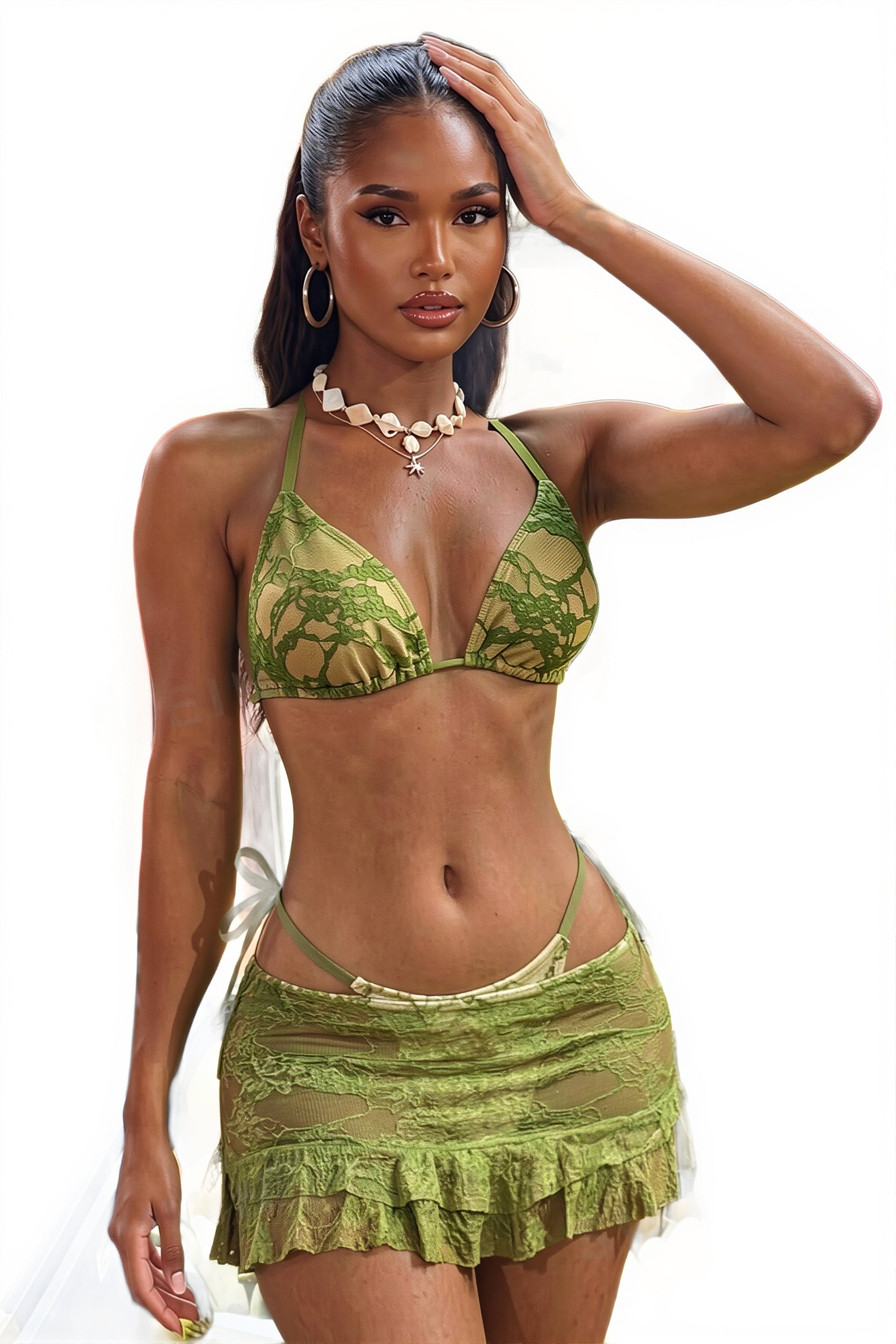 Green Lace Bikini With Cover Three Piece Swim Sets