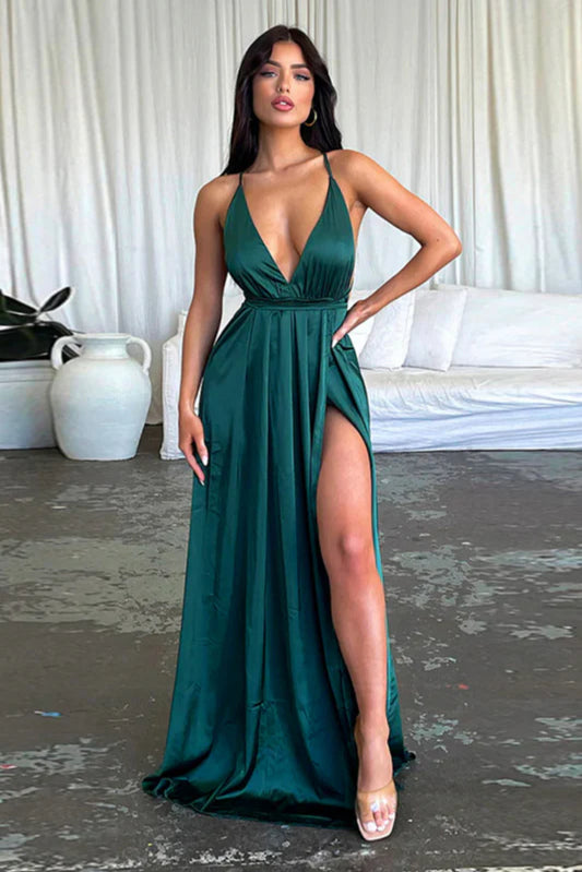 Satin V-Neck Waist-Cinching Split Dress Party