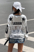Lace Sheer V Neck Print Sweatshirt