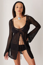 Solid V Neck Tie Knit Hollow Blouse