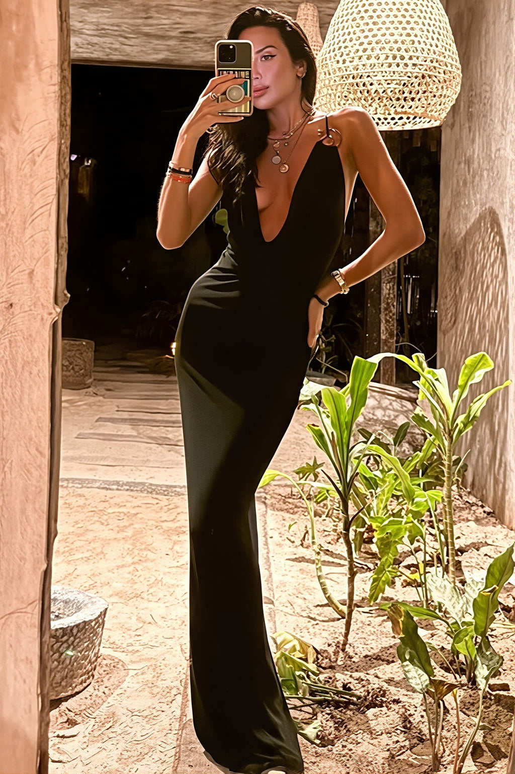 Solid Deep V Cami Backless Slim Fit Maxi Dress
