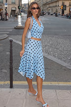 Polka Dot Halter Neck Crop Top Skirt Sets