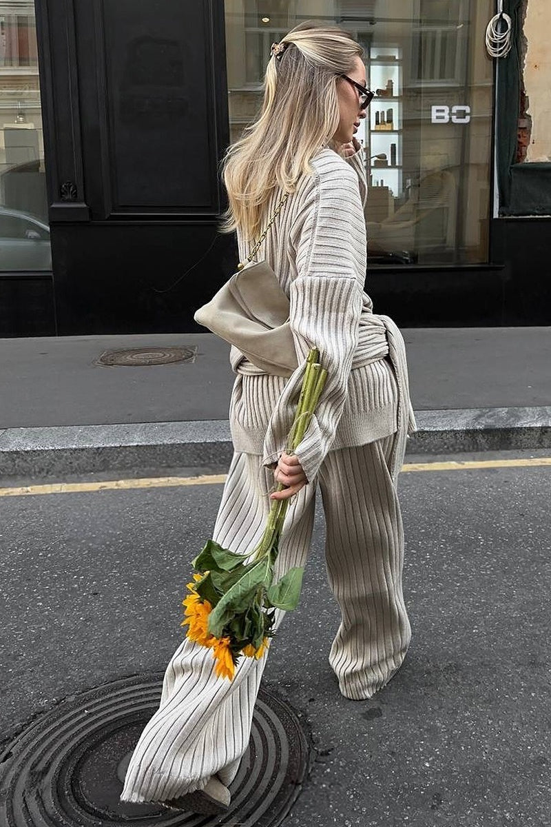 Relaxed Fit V Neck Ribbed Sweater With Pants Two Piece Set