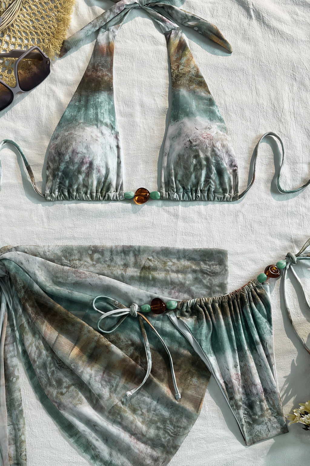 Tie Dye Ombre Beaded Two Piece Bikini Three Swim Sets