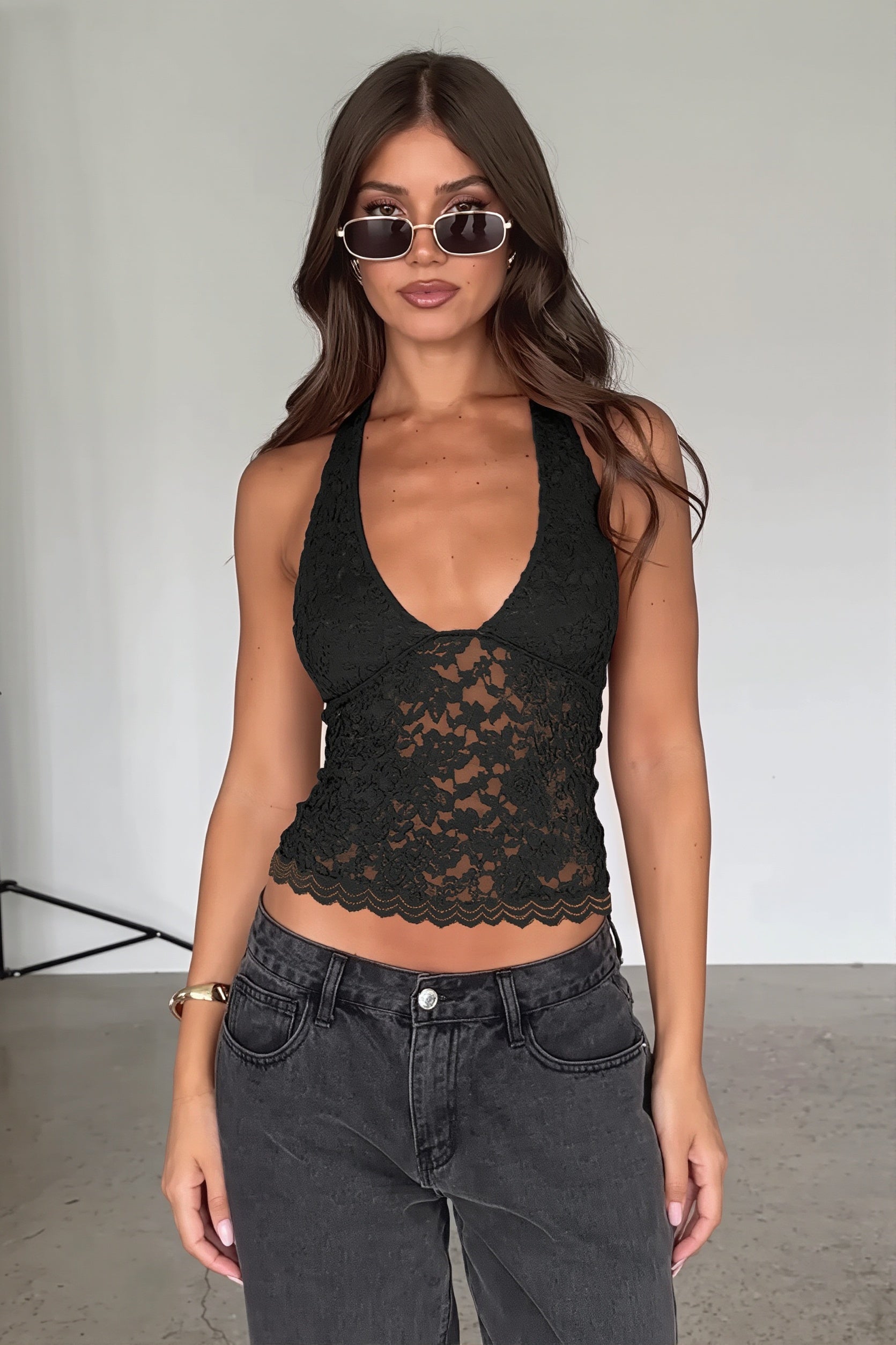 Hollow Lace Slim Halter Top