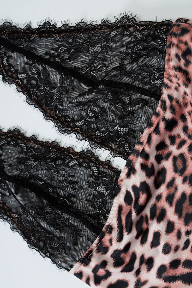 Leopard Deep V Lace Patch Halter Top