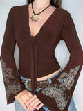 Vintage V Neck Printed Long Sleeve Tee