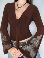 Vintage V Neck Printed Long Sleeve Tee