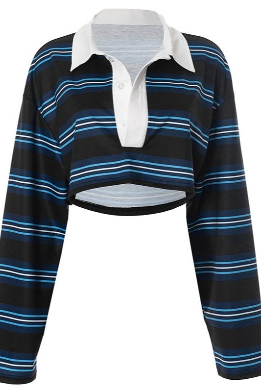 Stripe Polo Collar Crop Long Sleeve T-Shirt