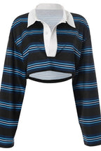 Stripe Polo Collar Crop Long Sleeve T-Shirt