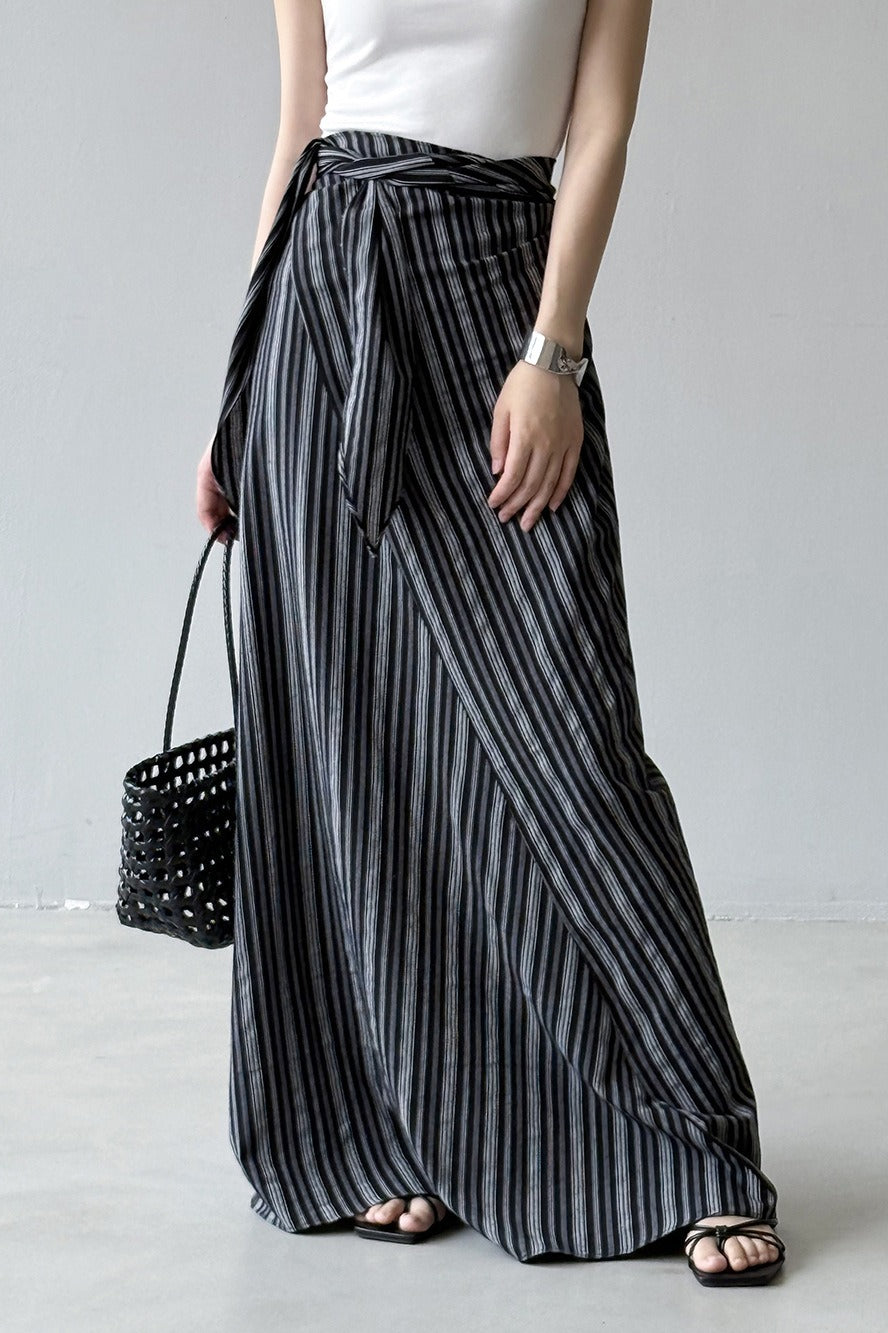 High Waist Striped Tie A Line Maxi Skirt