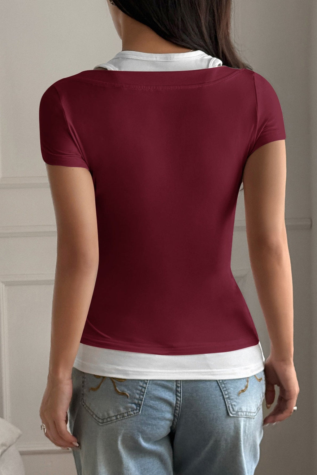 Color Block Fake Two Piece Cami Sleeve T‑Shirt