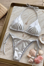 Shiny Silver Halter Bikini Two Piece Sport Style Sets