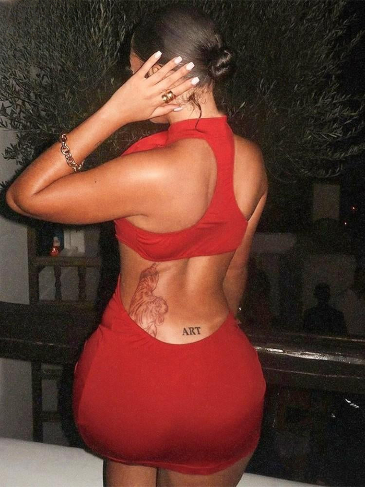 3D Flower Decoration Red Vacation Dresses Hollow Backless Bodycon Party Dress