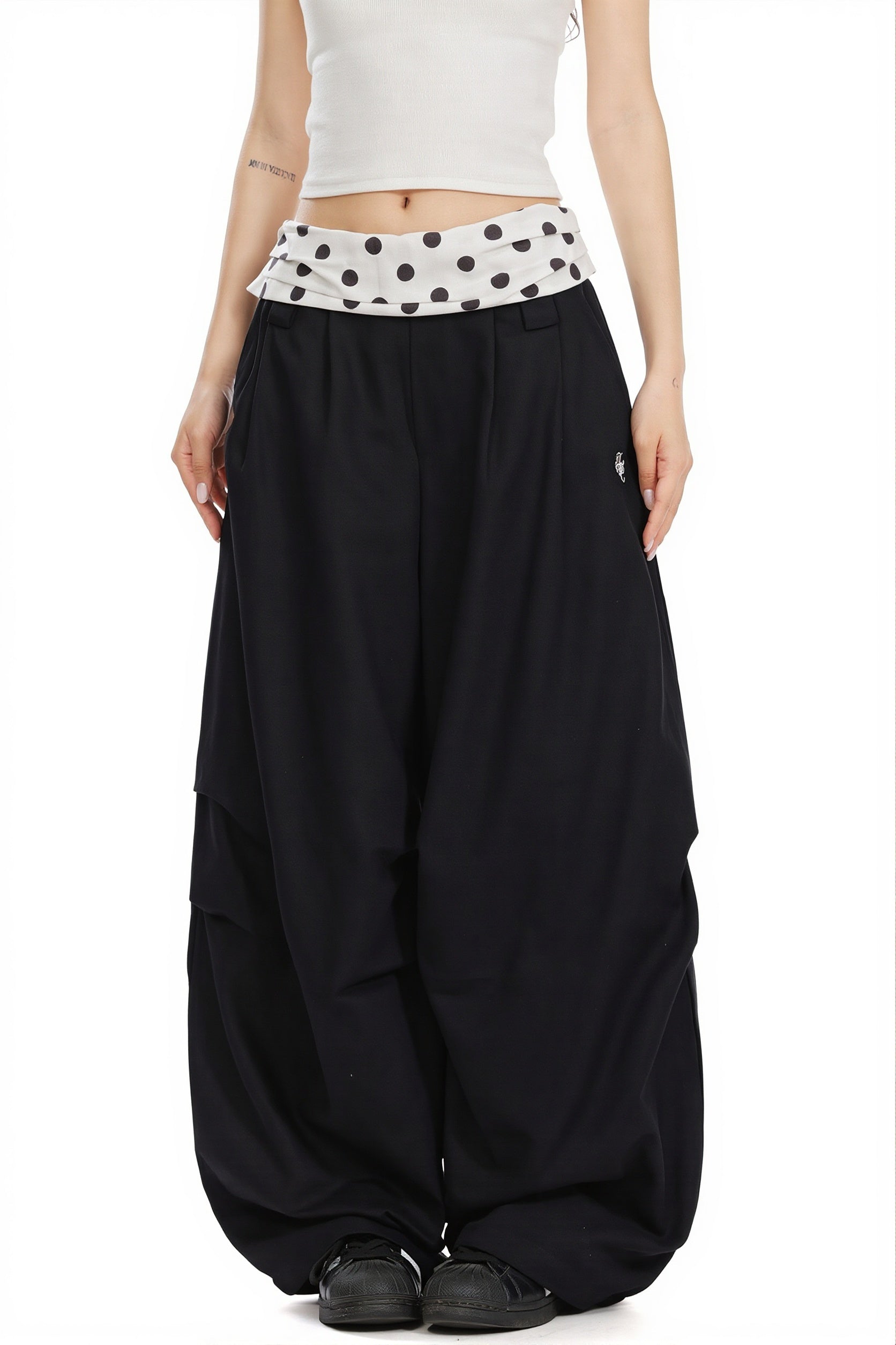 Splice Polka Dot Fold Waist Pants