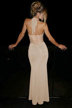 Mesh Insert Halter Backless Tie Sash Maxi Dress