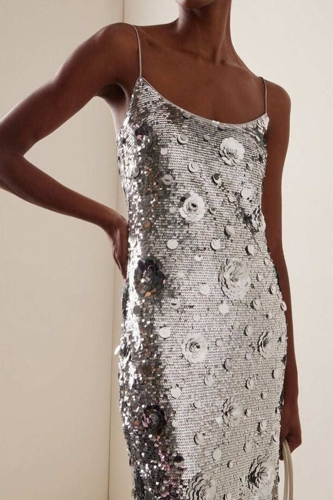 Silver Sequin 3D Flower Elegant Prom Dress