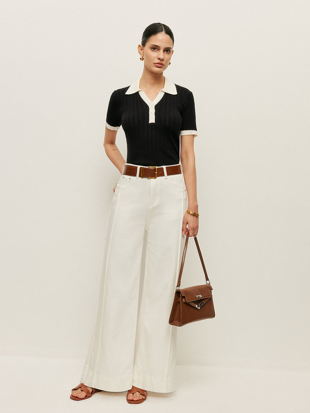 Collared Button Detail Ribbed Knit Top