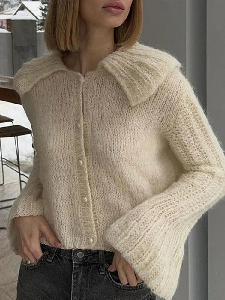 Lapel Pearl Single-Breasted Cardigan
