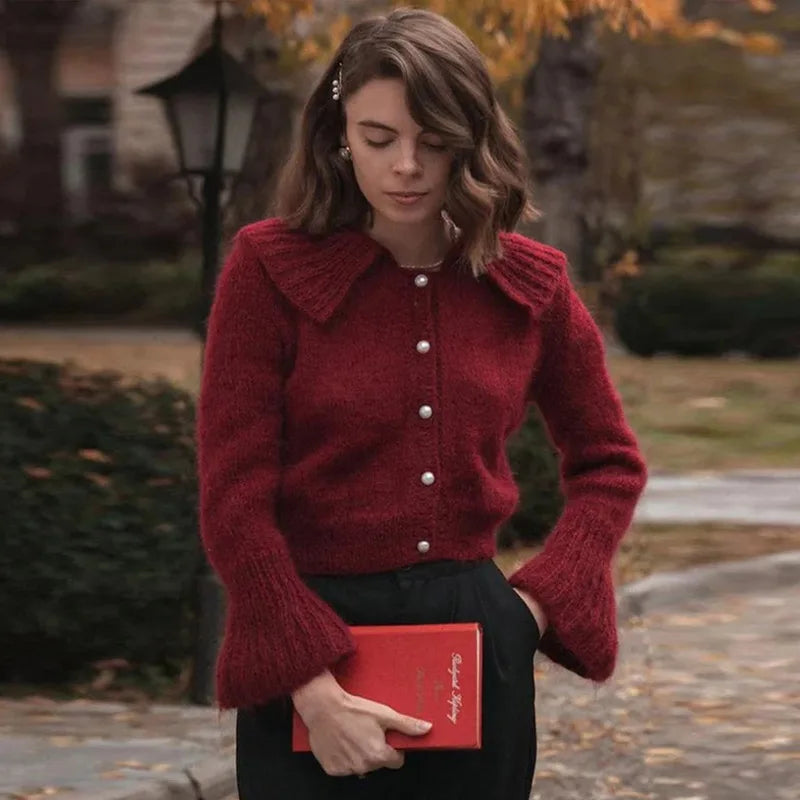Lapel Pearl Single-Breasted Cardigan