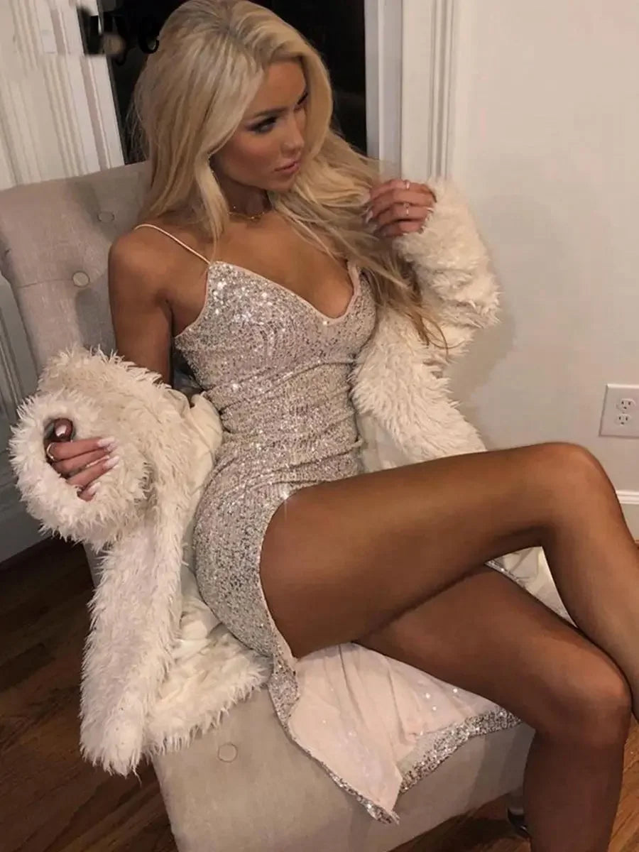 Glitter V-Neck Split Party Dress