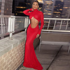 Elegant Cut Out Maxi Dress Party Club Long Sleeve Ruched