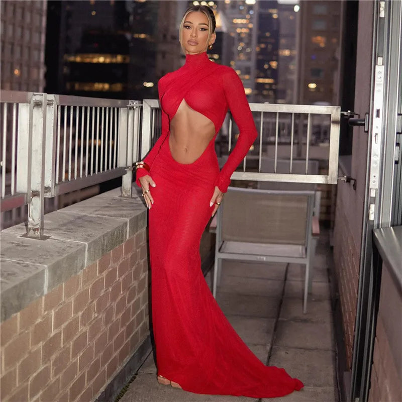 Elegant Cut Out Maxi Dress Party Club Long Sleeve Ruched