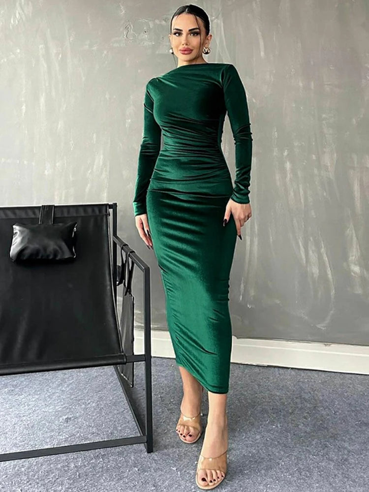 Velvet Long Sleeve Midi Dress - Elegant Party Clothes For