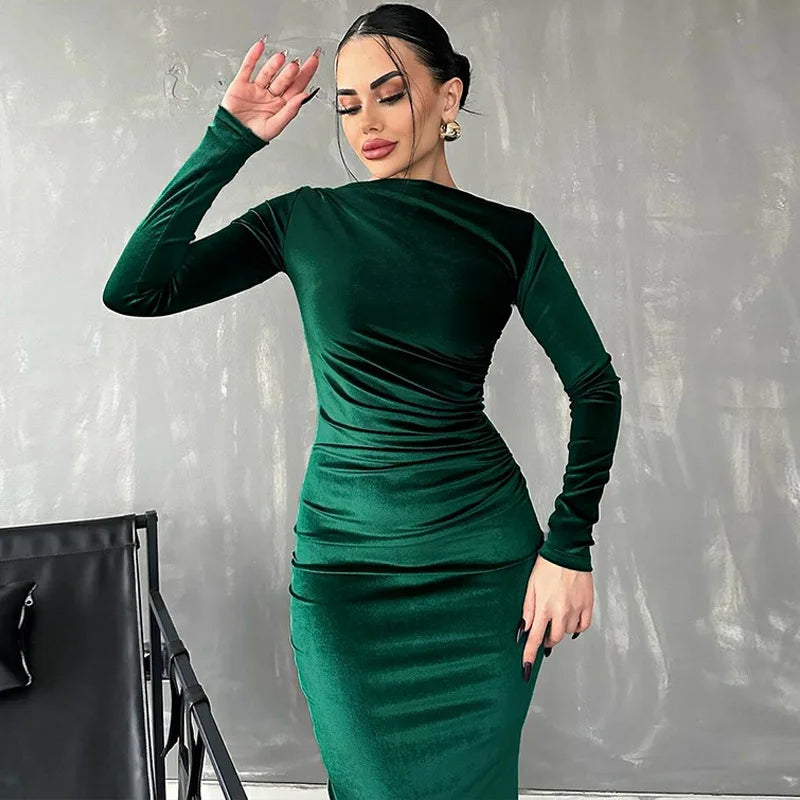 Velvet Long Sleeve Midi Dress - Elegant Party Clothes For