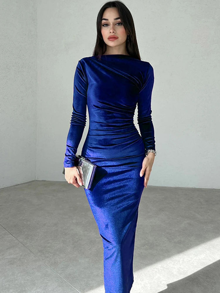 Velvet Long Sleeve Midi Dress - Elegant Party Clothes For
