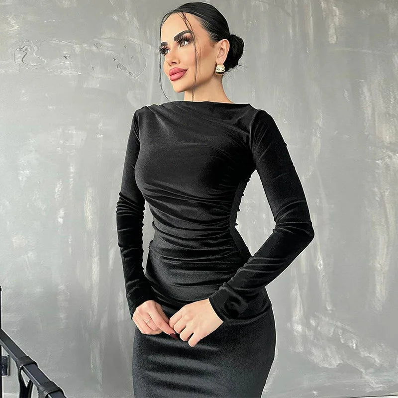 Velvet Long Sleeve Midi Dress - Elegant Party Clothes For