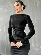 Velvet Long Sleeve Midi Dress - Elegant Party Clothes For