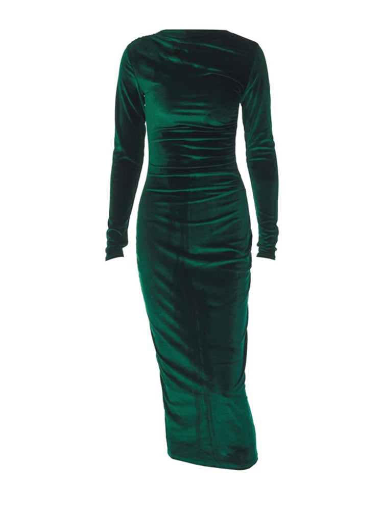 Velvet Long Sleeve Midi Dress - Elegant Party Clothes For