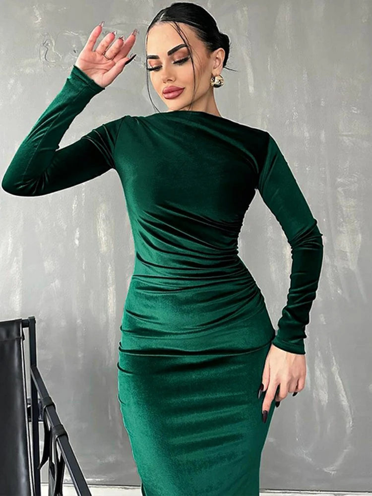 Velvet Long Sleeve Midi Dress - Elegant Party Clothes For