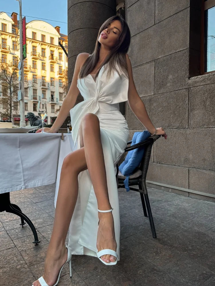 Elegant Large Bow Tie Sling High Slit Off Party Dress