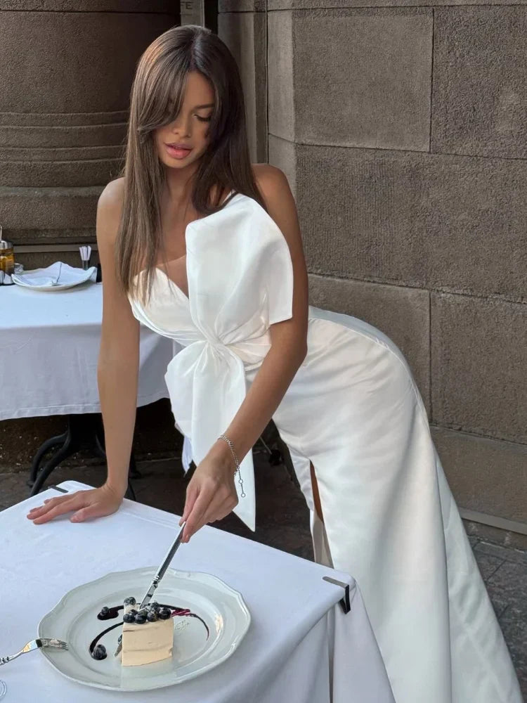 Elegant Large Bow Tie Sling High Slit Off Party Dress