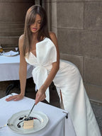 Elegant Large Bow Tie Sling High Slit Off Party Dress