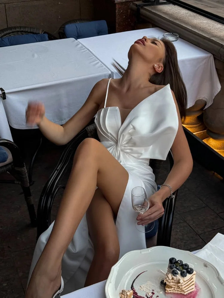 Elegant Large Bow Tie Sling High Slit Off Party Dress