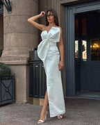 Elegant Large Bow Tie Sling High Slit Off Party Dress