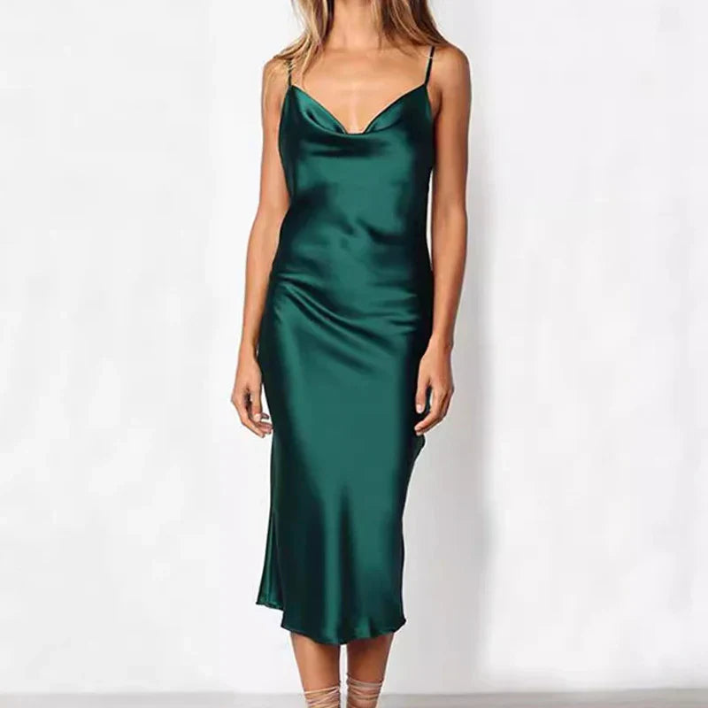 Elegant Satin Long Dresses Green Party Evening Backless Summer Dress