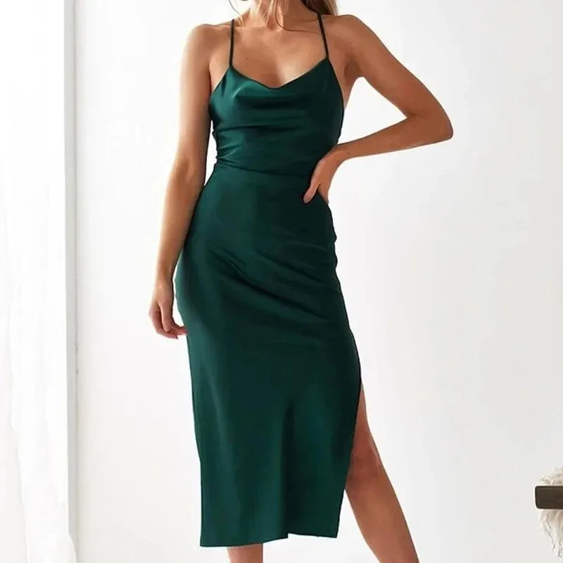Elegant Satin Long Dresses Green Party Evening Backless Summer Dress