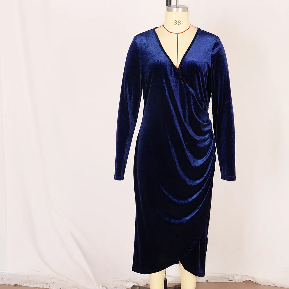 Elegant Velvet Bodycon Dress Women Wrapped V-Neck Long Sleeve Party