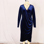 Elegant Velvet Bodycon Dress Women Wrapped V-Neck Long Sleeve Party