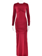 O-Neck Long Sleeve High Waist Bodycon Red Party Dress
