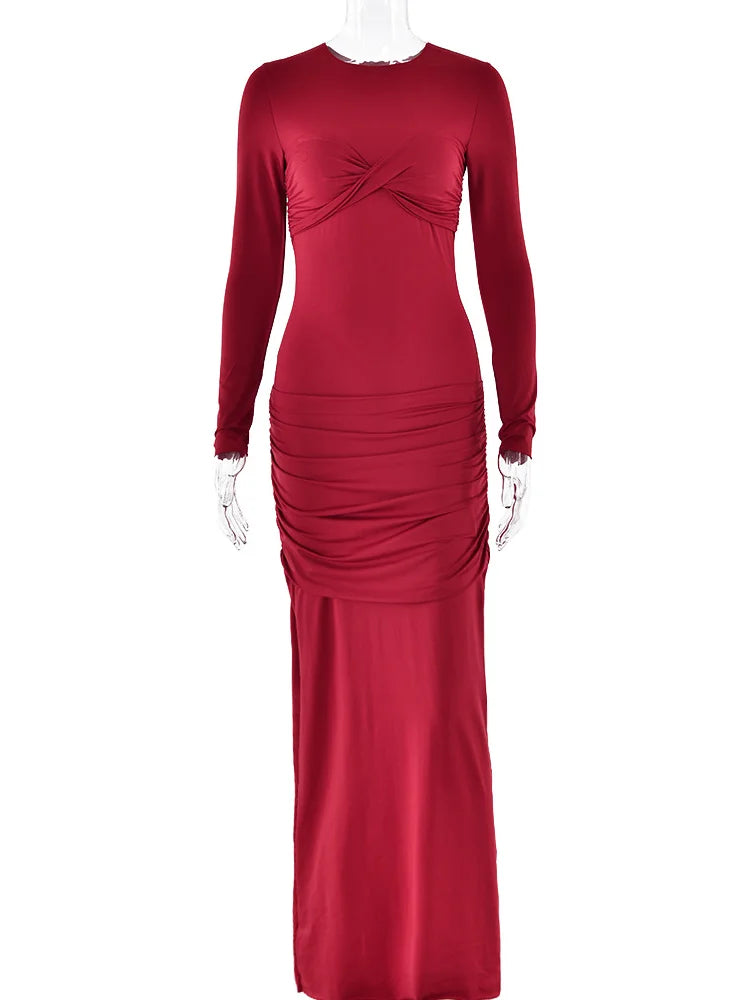 O-Neck Long Sleeve High Waist Bodycon Red Party Dress
