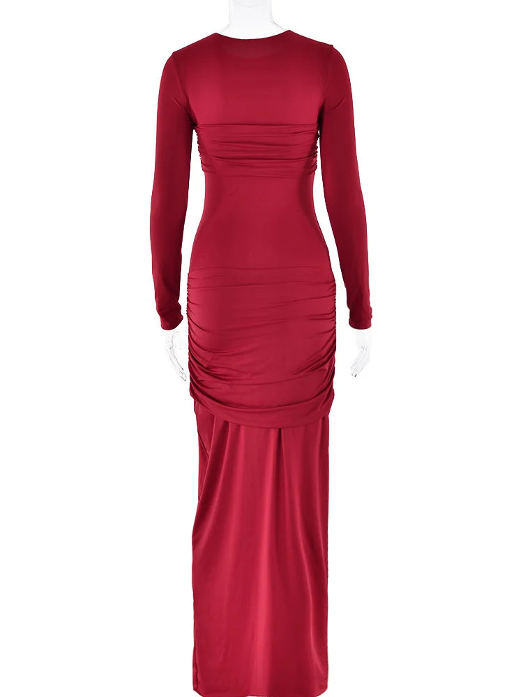 O-Neck Long Sleeve High Waist Bodycon Red Party Dress