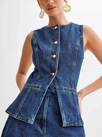 Denim O-Neck Sleeveless Shorts Office Two Piece Set