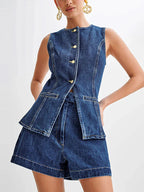 Denim O-Neck Sleeveless Shorts Office Two Piece Set