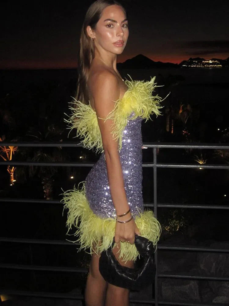 Feather Sequins Bodycon Mini Party Dress